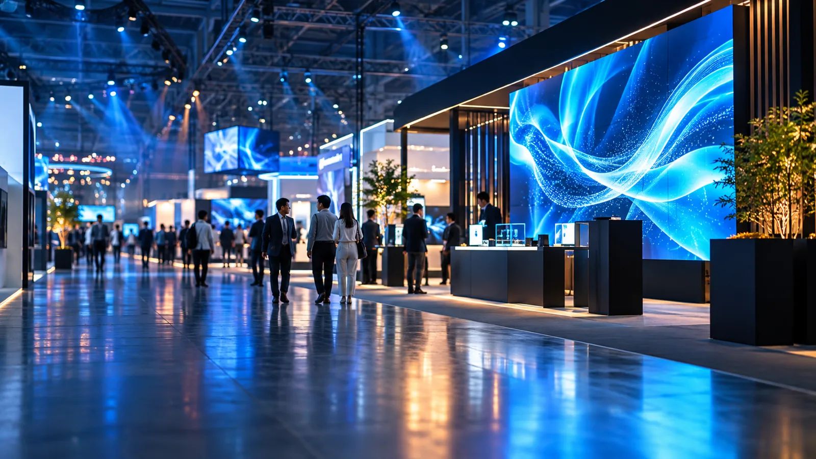 LEDビジョンを備えた展示ブースが並ぶ展示会の通路