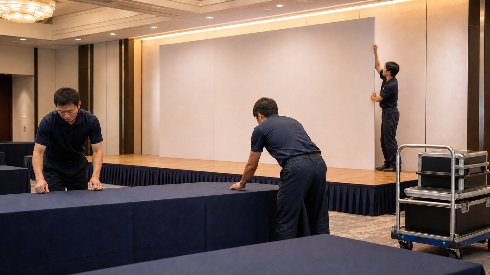 イベント会場でステージパネルの設営作業をするスタッフ