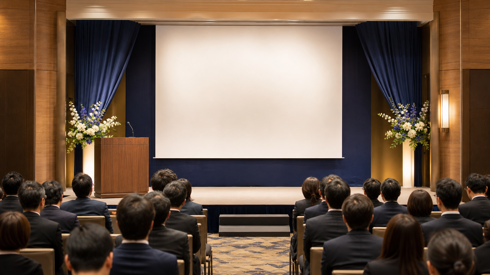 企業式典のステージと客席の様子