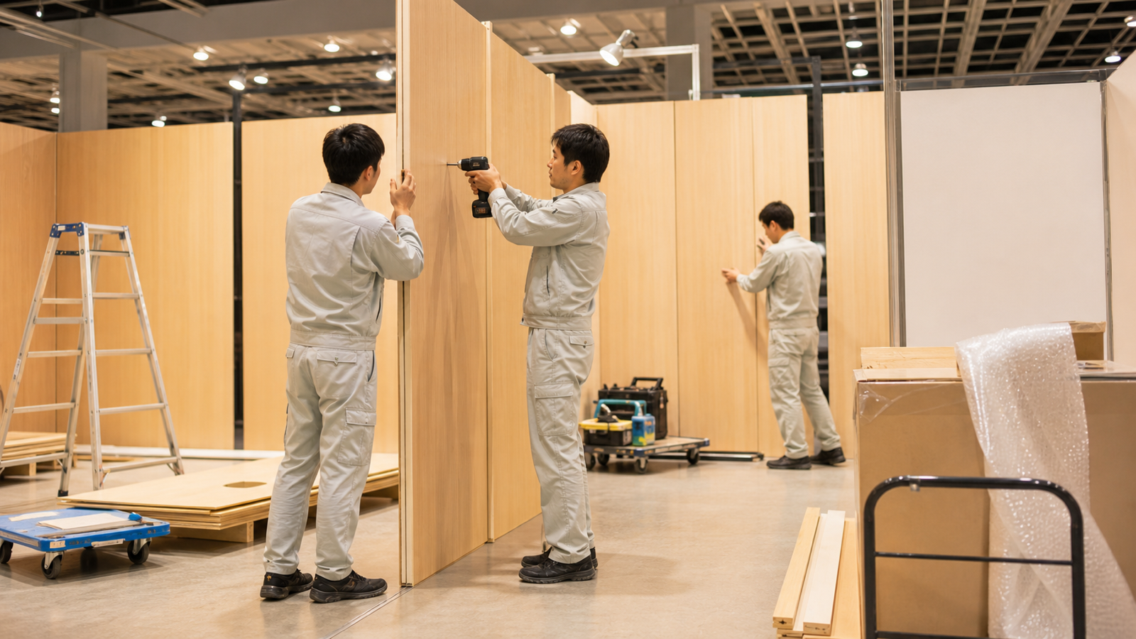 展示会ブースの設営作業をするスタッフ
