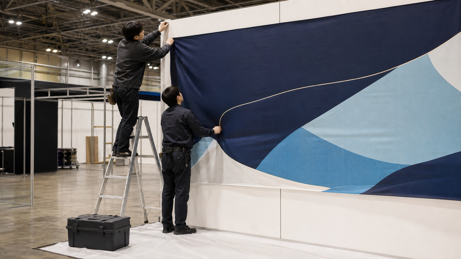 展示会ブースの装飾を取り付ける施工スタッフ