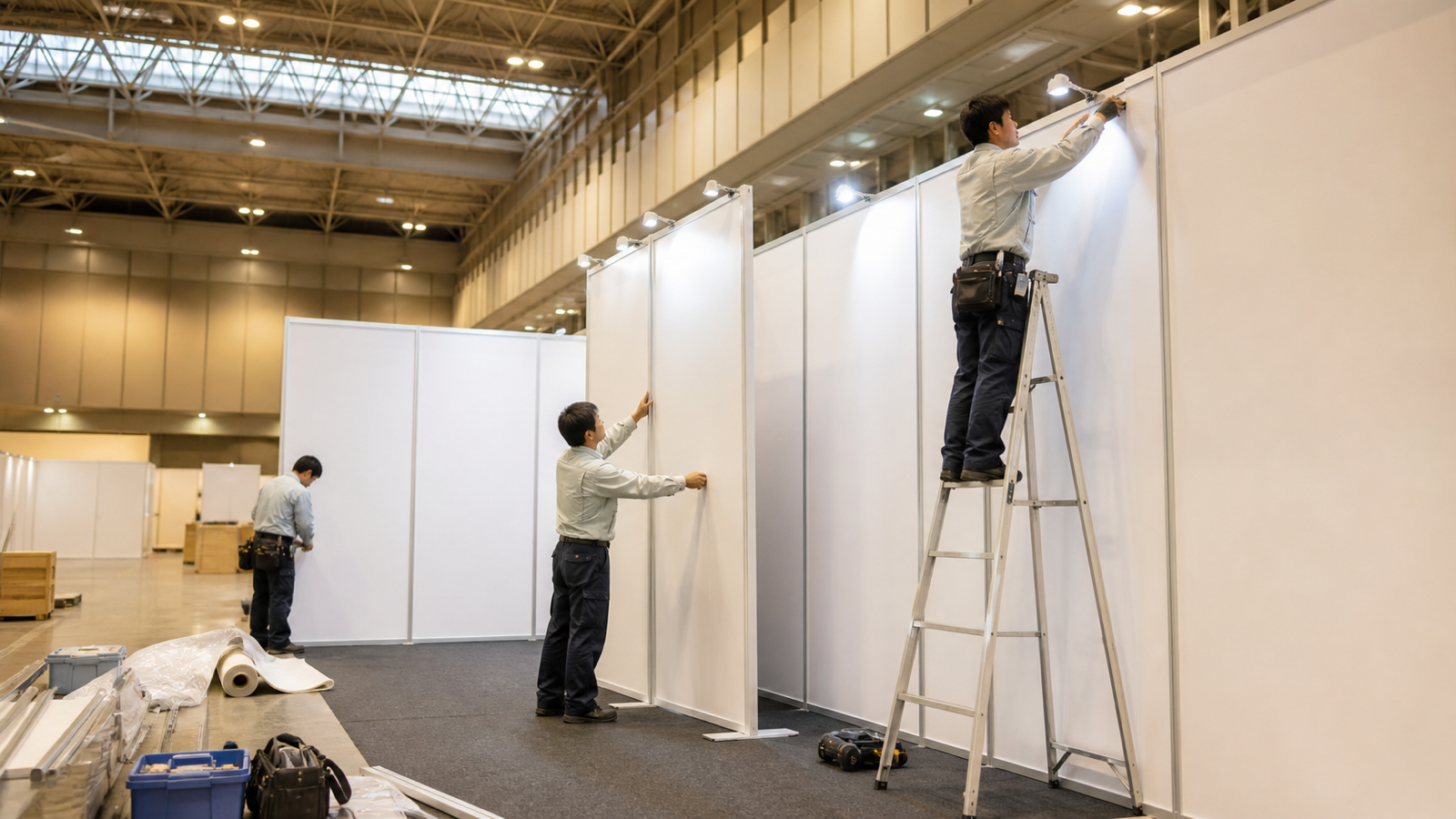 展示会ブースの壁面を建て込む設営スタッフ