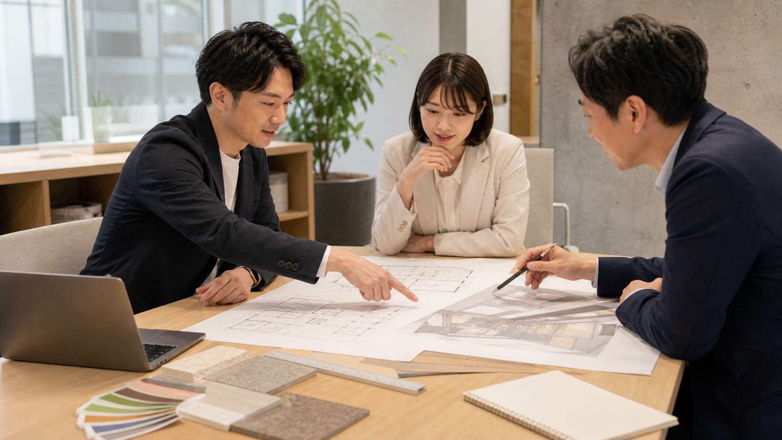 展示会ブースの平面図と3Dパースを確認する打ち合わせ