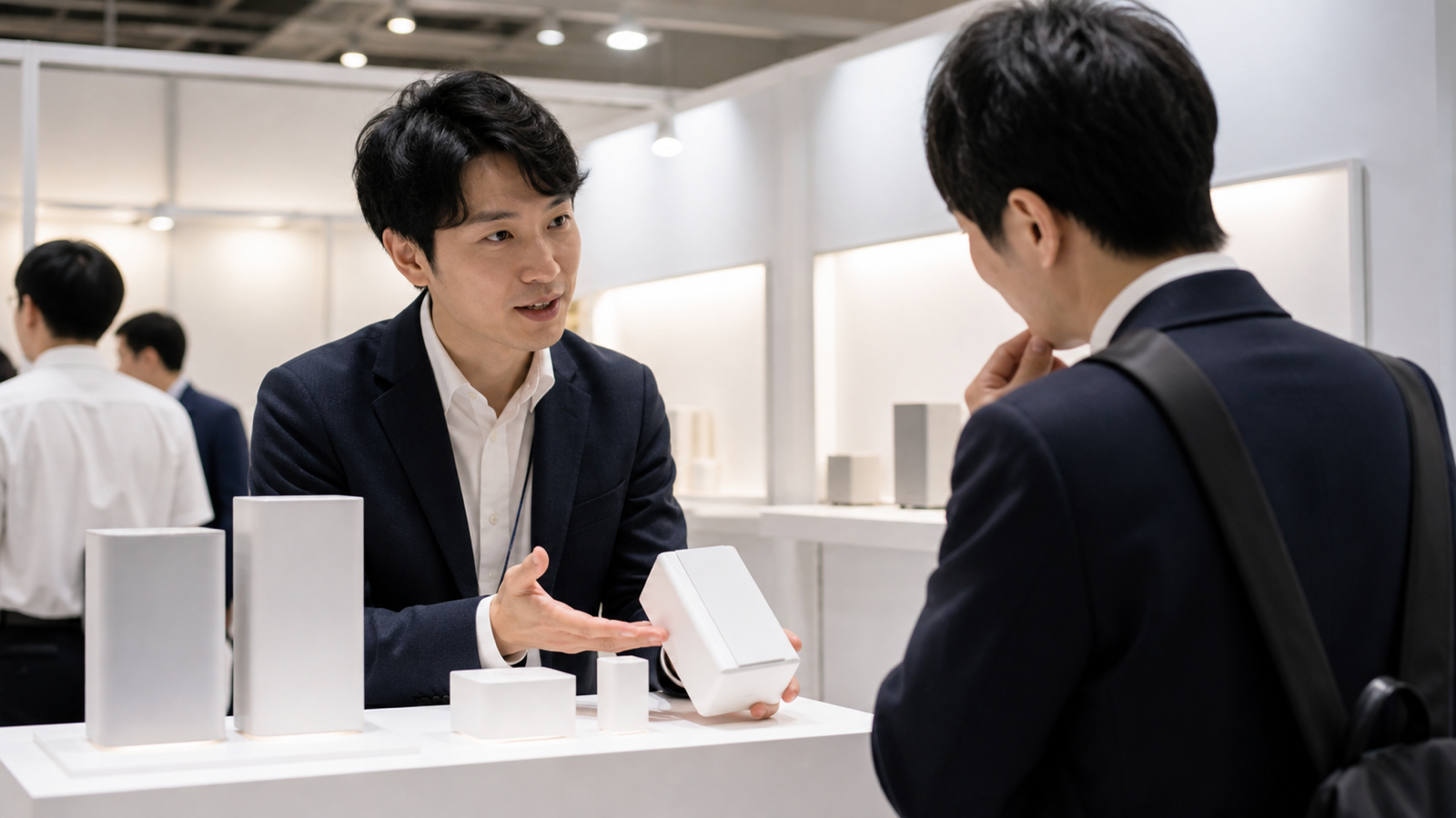 展示会ブースで来場者に製品の説明をするスタッフ
