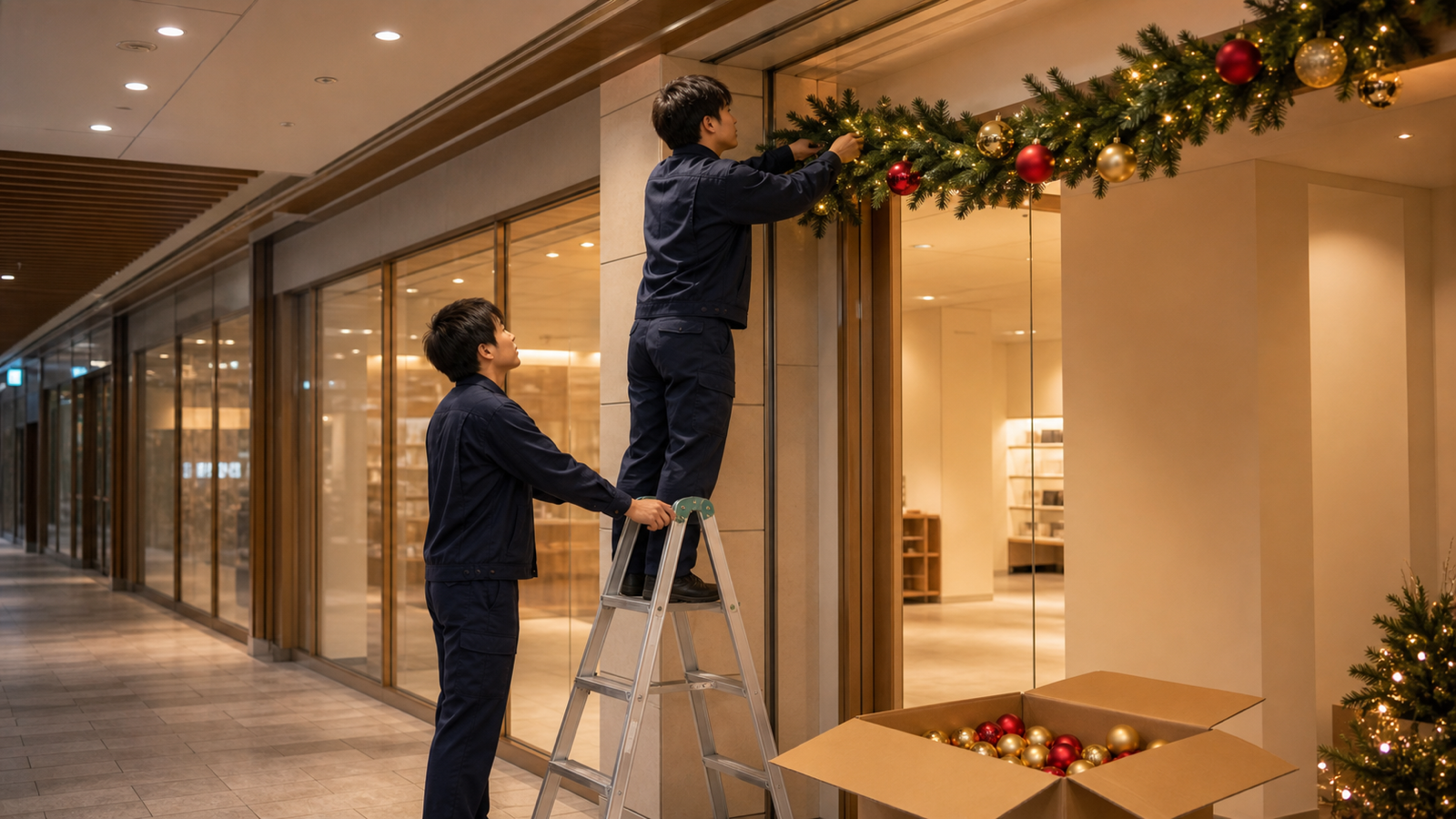 クリスマスガーランドを取り付けるスタッフ