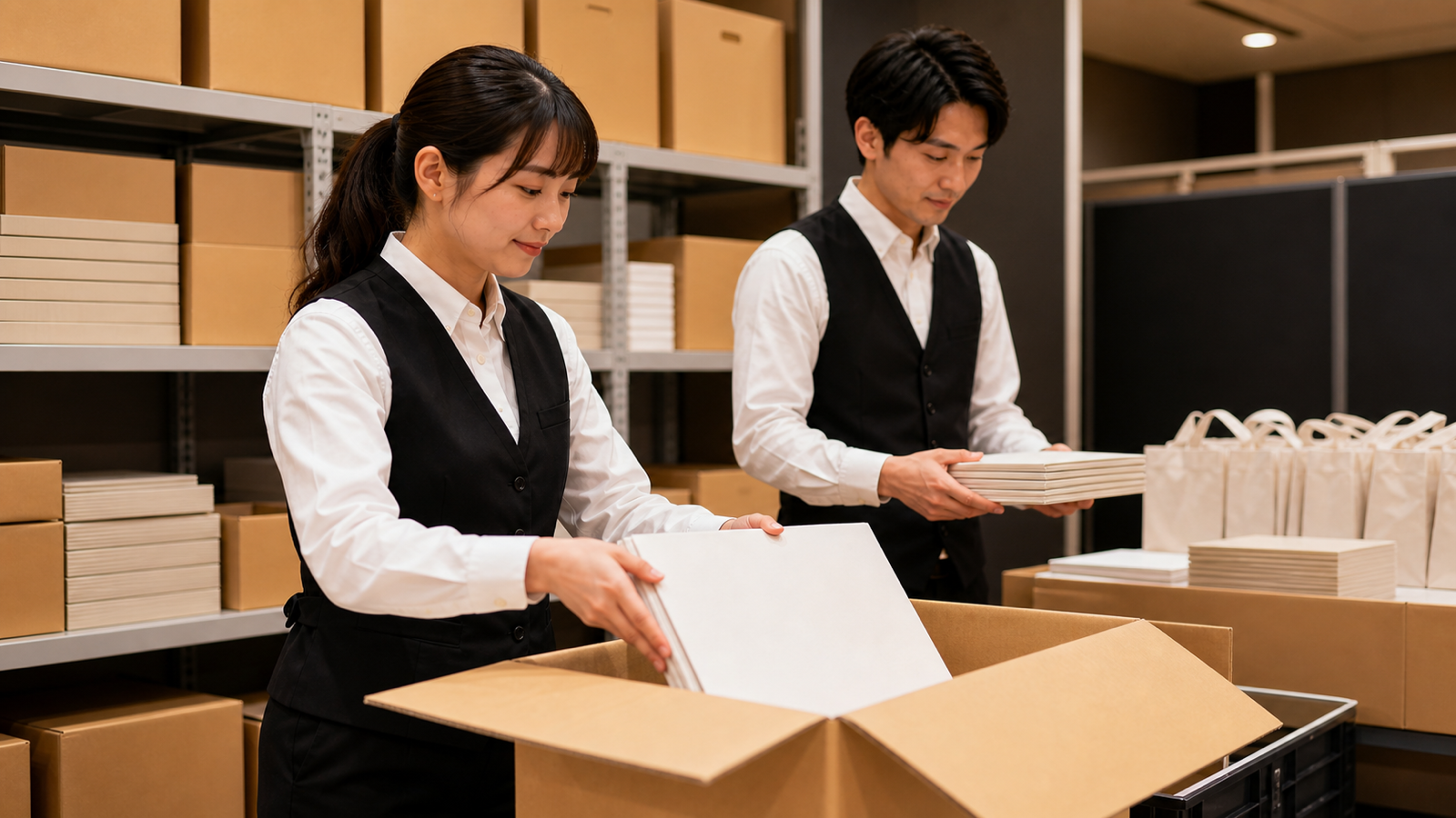 バックヤードで資料を補充するスタッフ