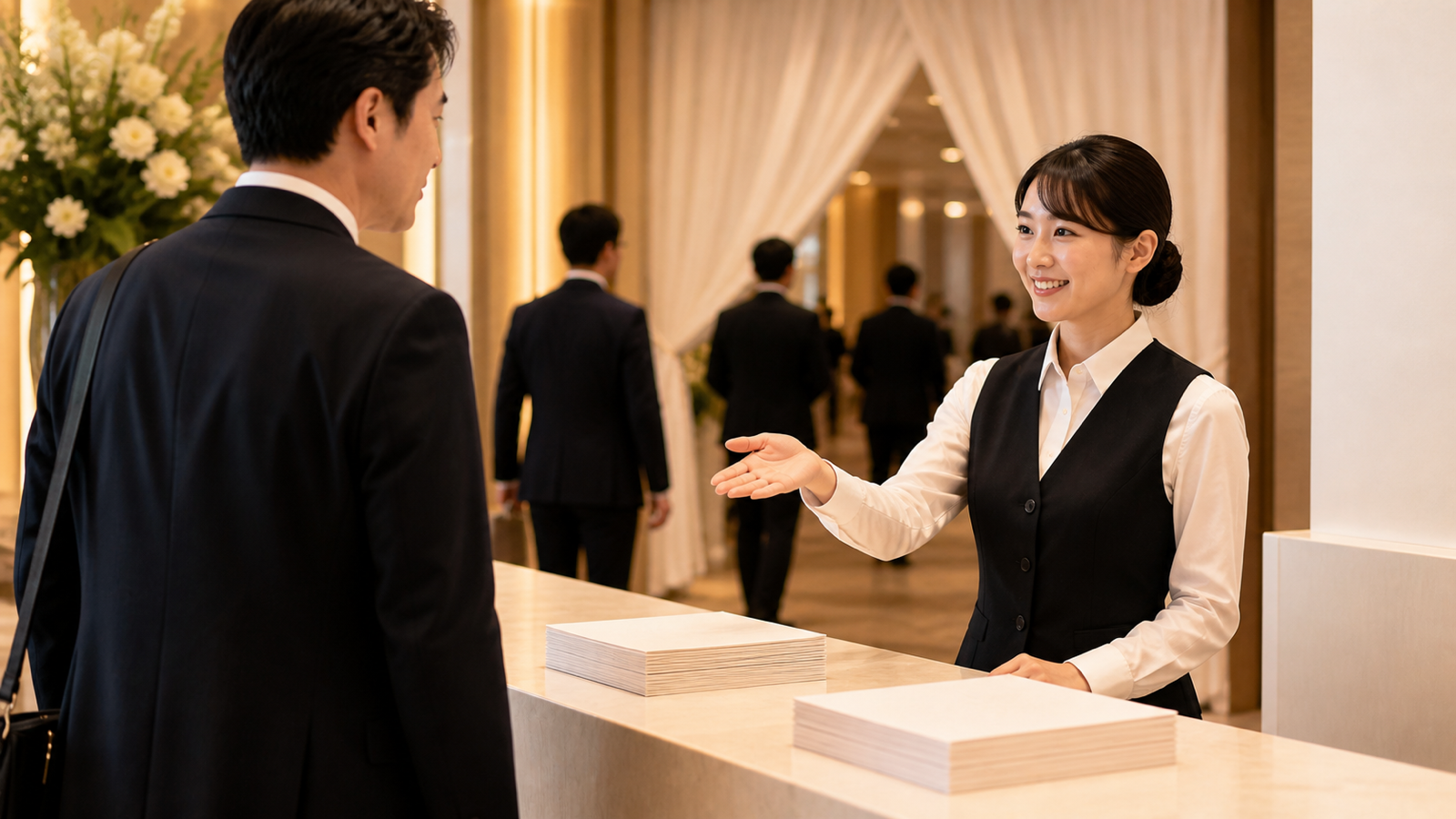 受付で来場者を案内するイベントスタッフ