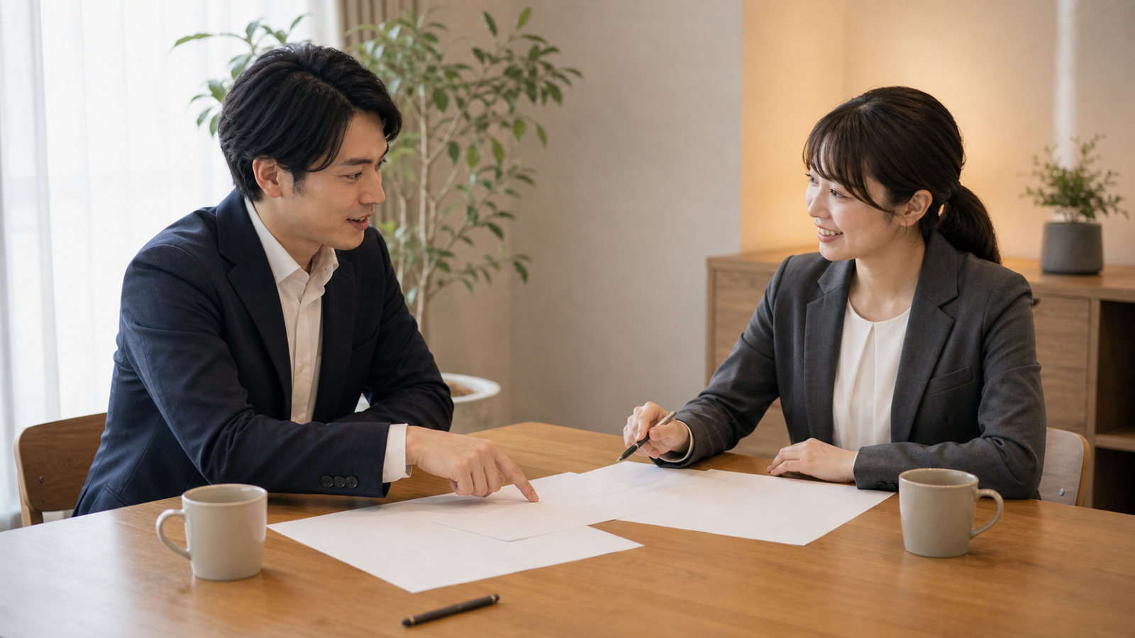 打ち合わせで企画の資料を確認する担当者