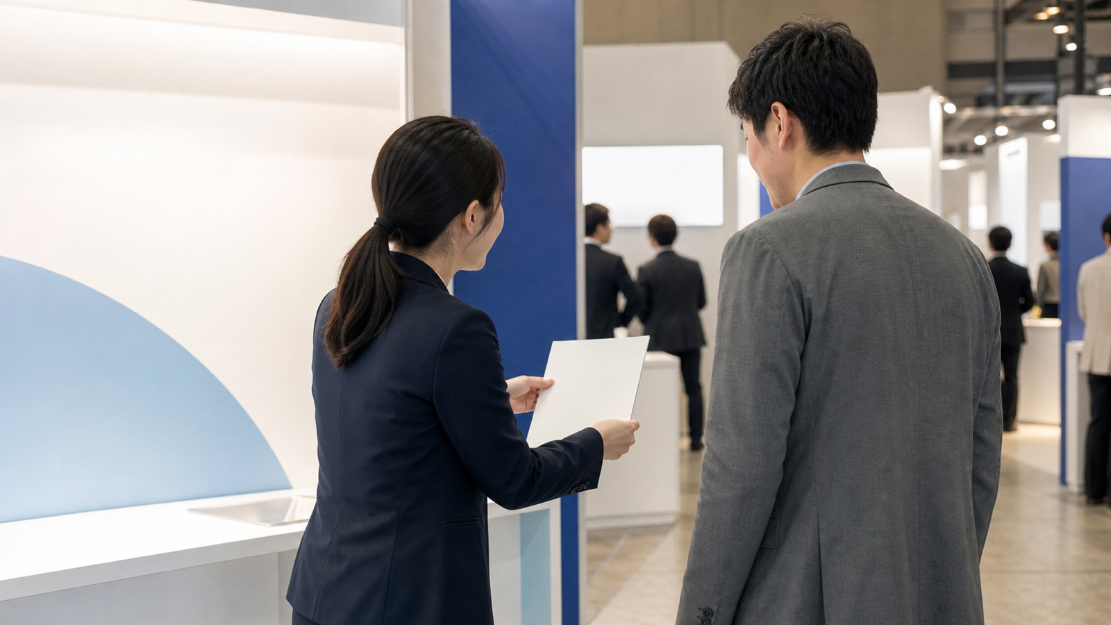 ブース前で来場者に声をかける出展スタッフ
