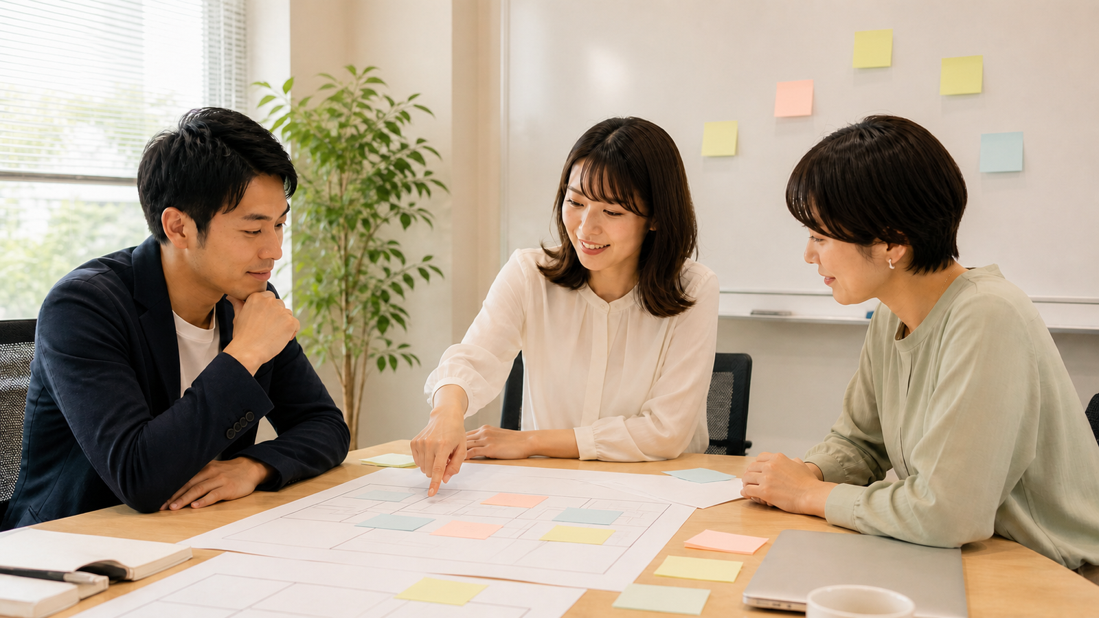 会場図面を囲んでイベント企画を検討する打ち合わせ