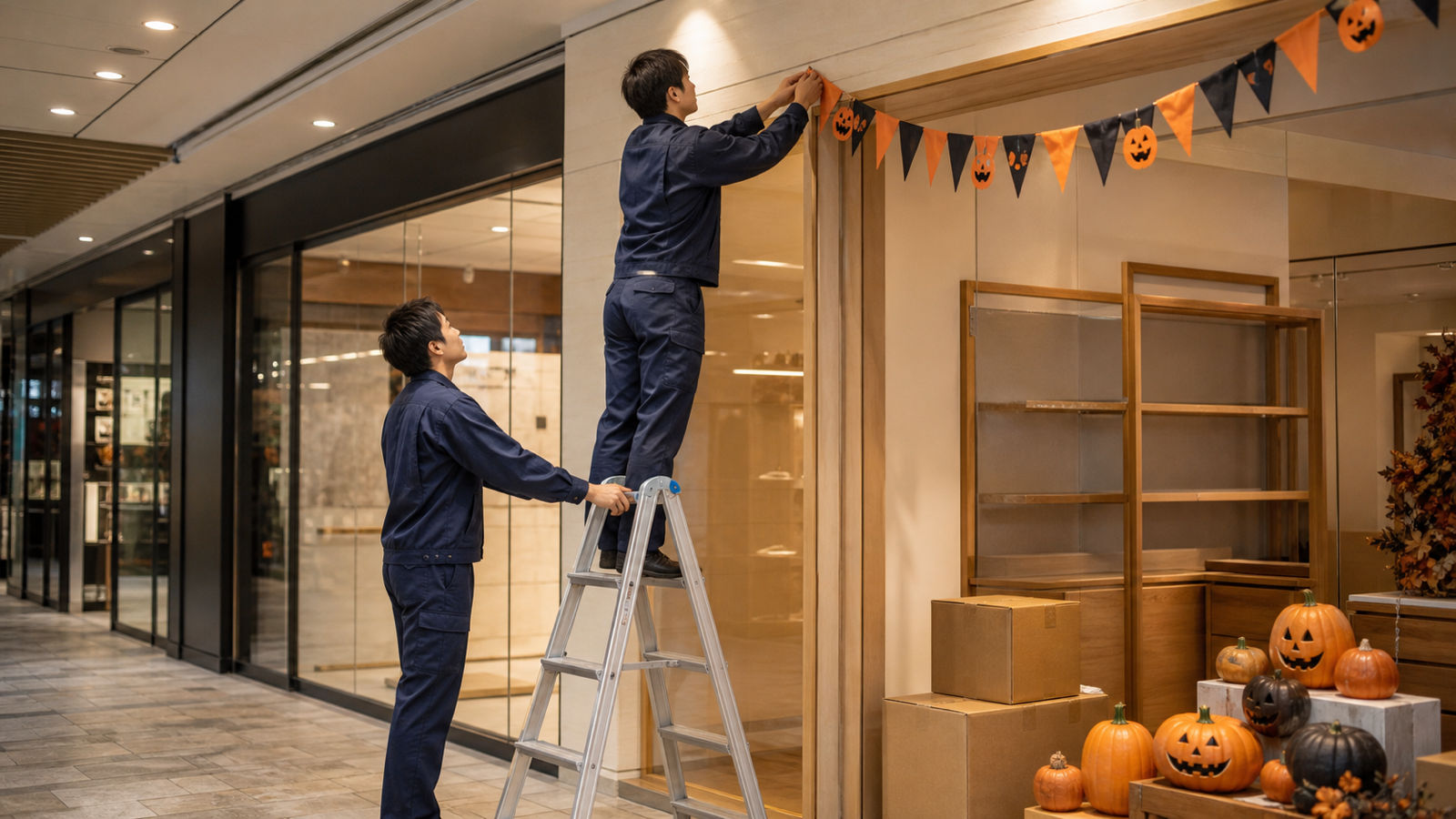 商業施設の店舗前でハロウィンのガーランド装飾を取り付けるスタッフ