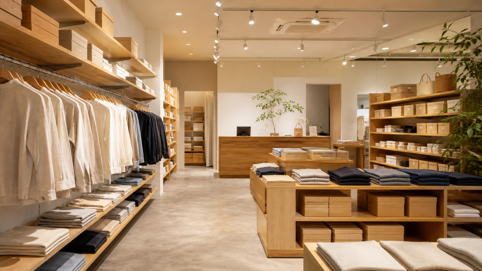 アパレル店の売り場。壁面の棚と中央の平台什器、天井のレール照明と広く取った通路