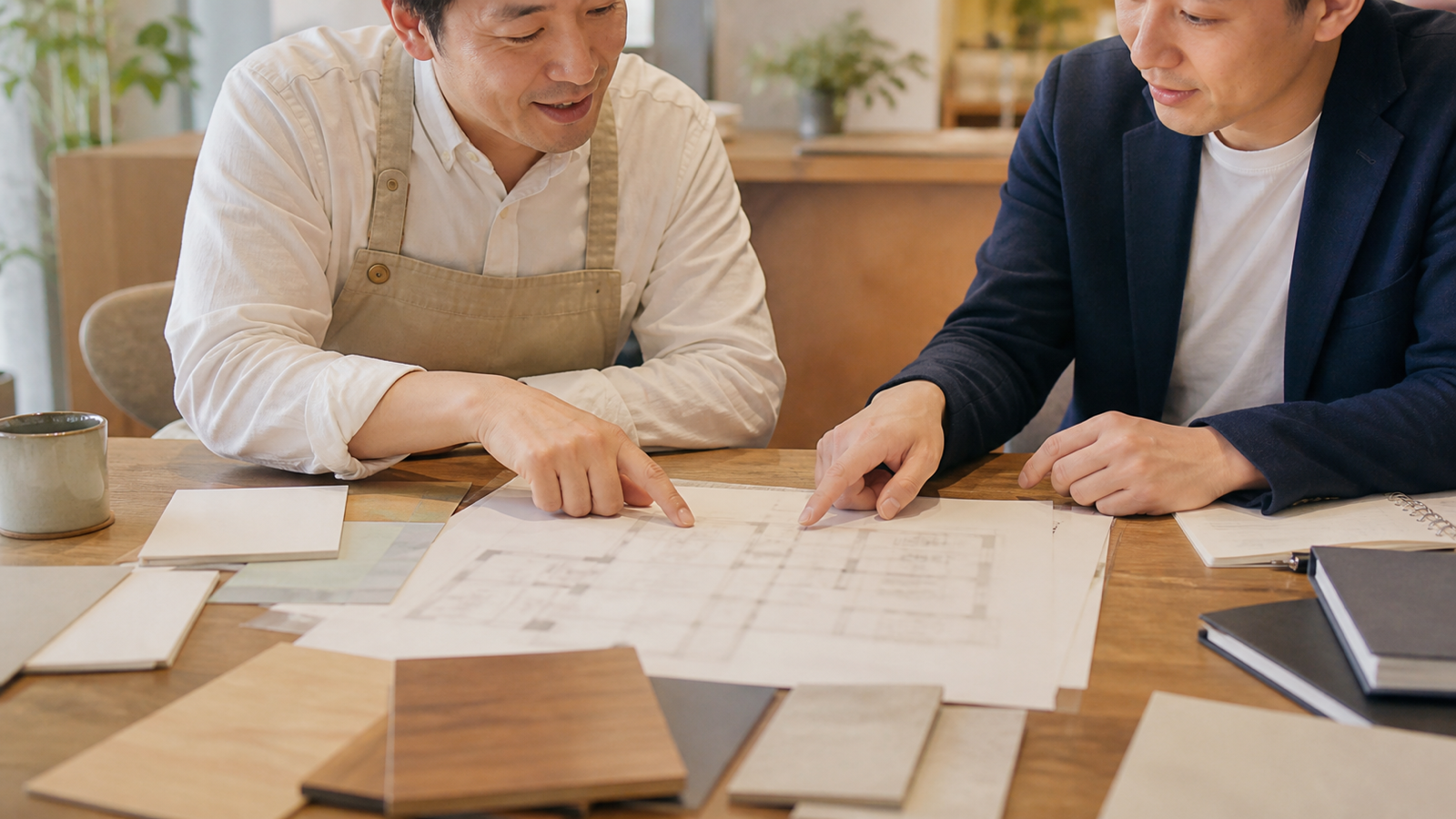 店舗の内装について図面を挟んで打ち合わせをする様子