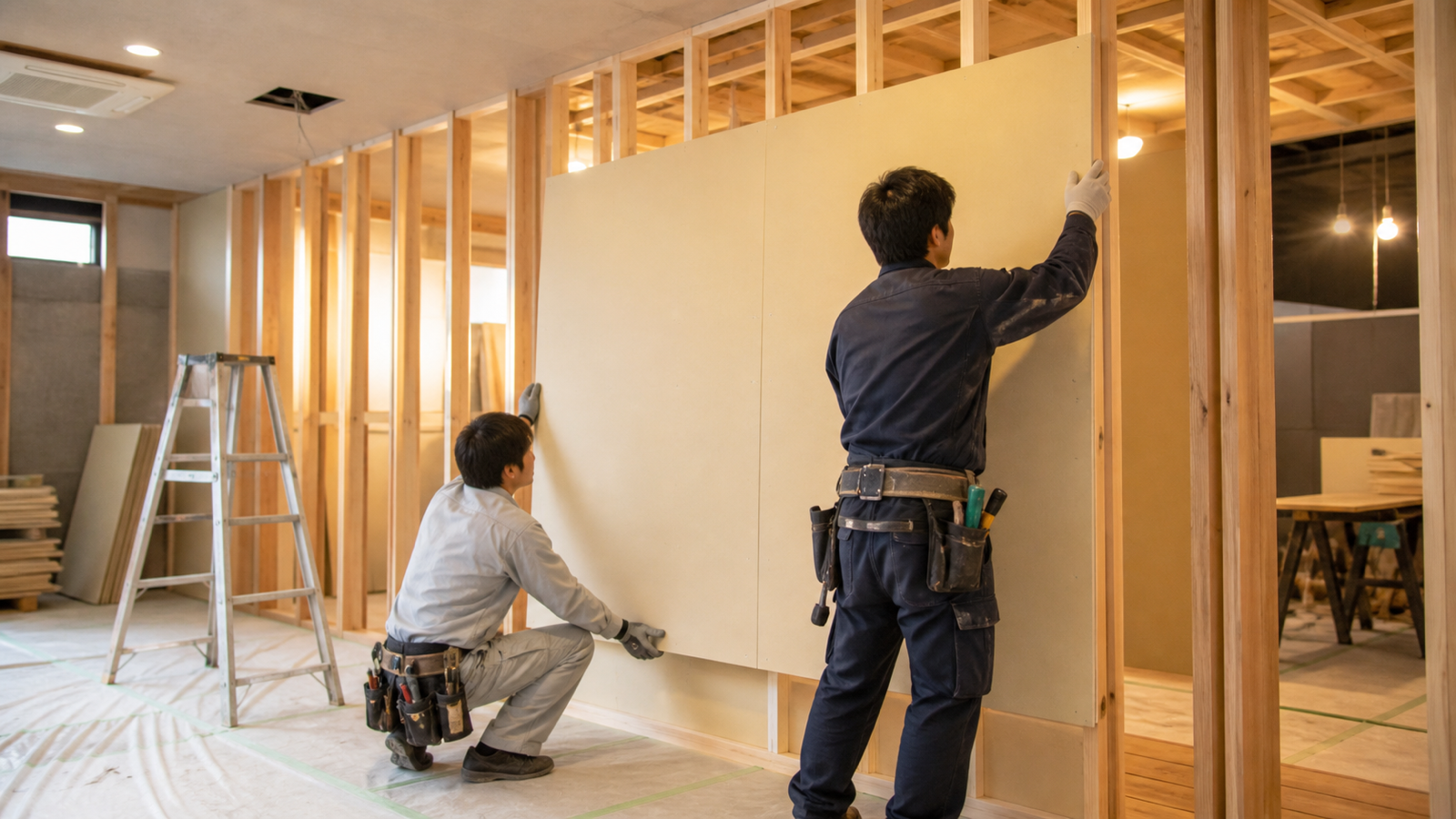 店舗の内装工事現場で作業をする職人