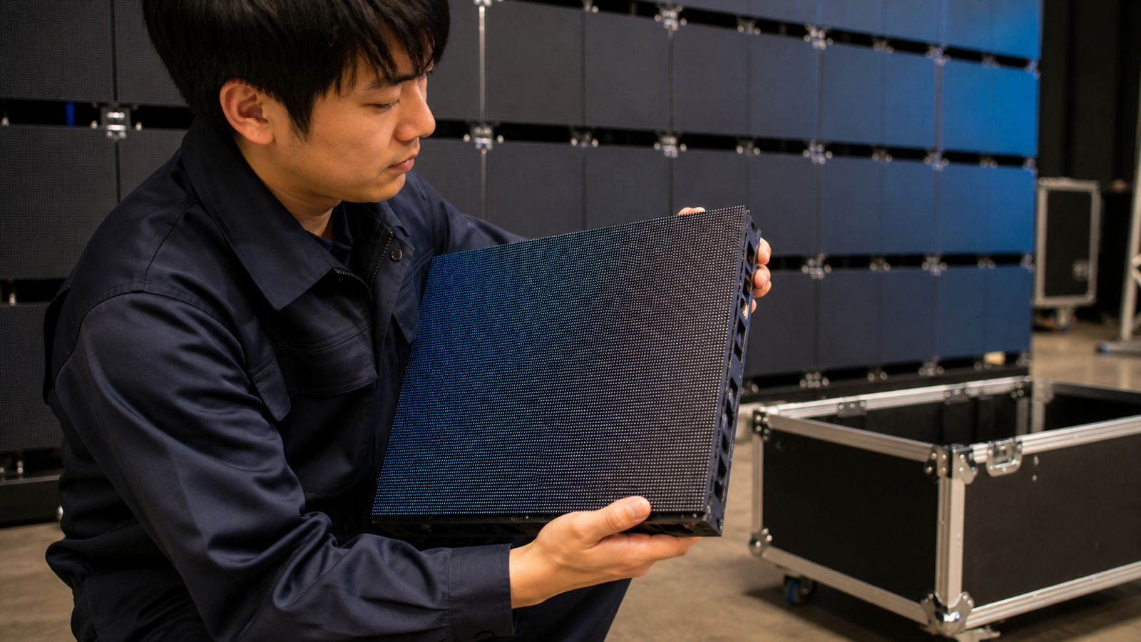 LEDビジョンのパネルを点検する技術スタッフ