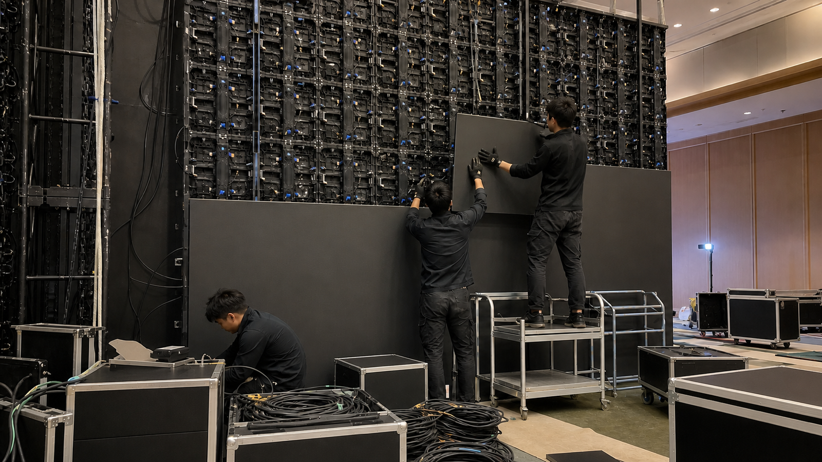 LEDビジョンのパネルを組み立てる設営スタッフ