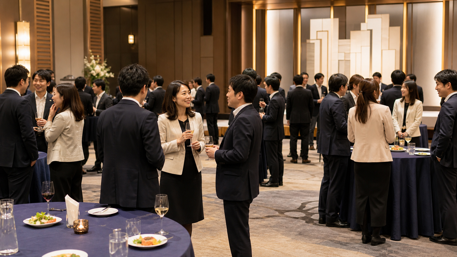 社内の懇親会で歓談する参加者