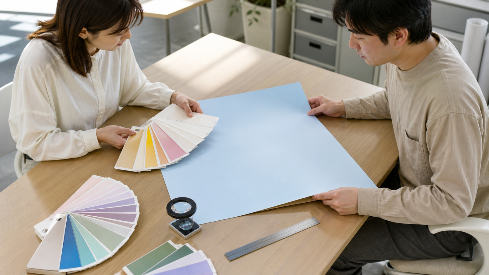印刷物の刷り上がりを確認するスタッフ