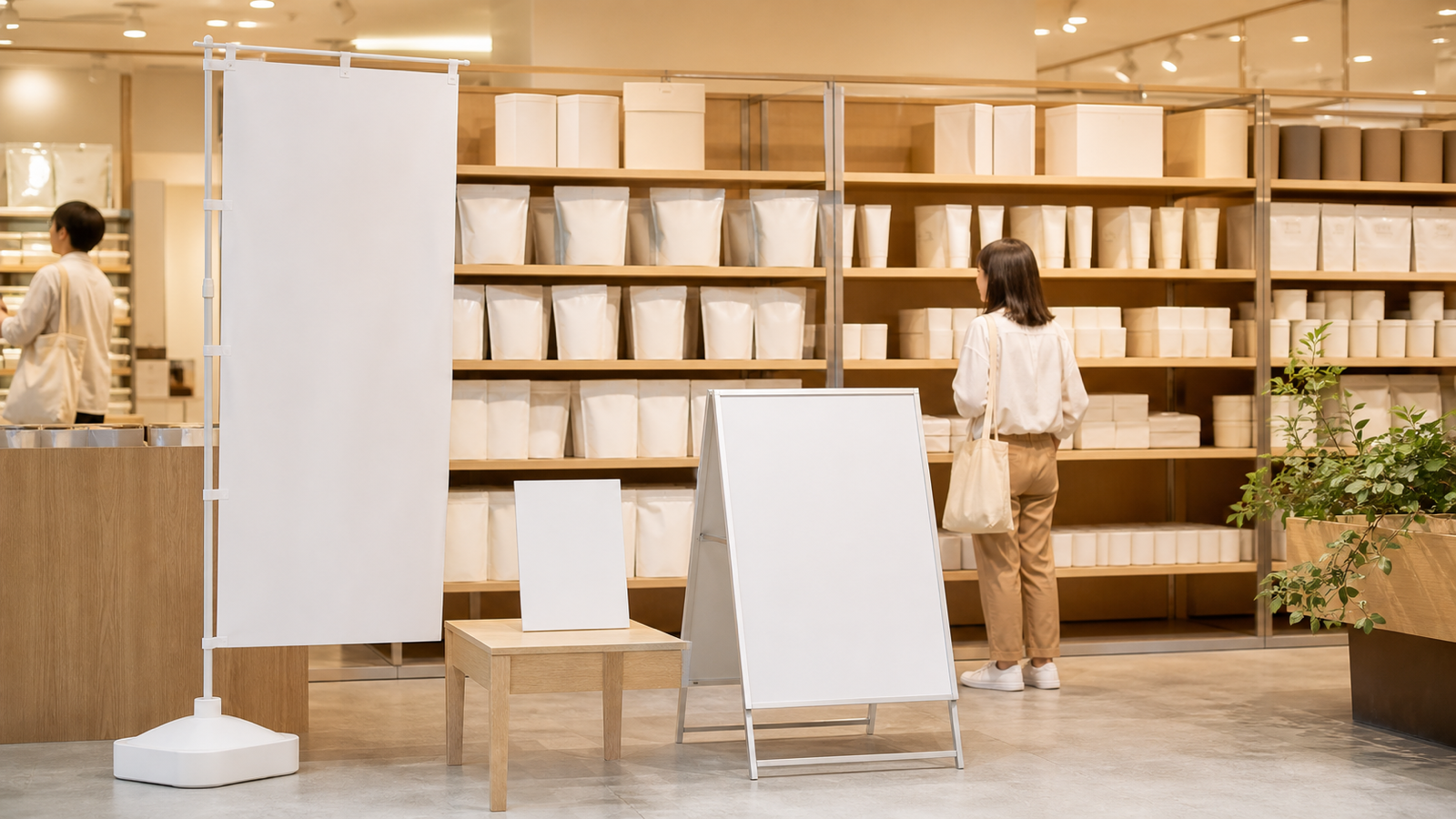 店頭に置かれたPOPとのぼり旗