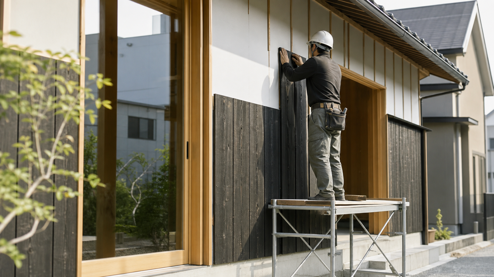外壁の仕上げ作業をする職人