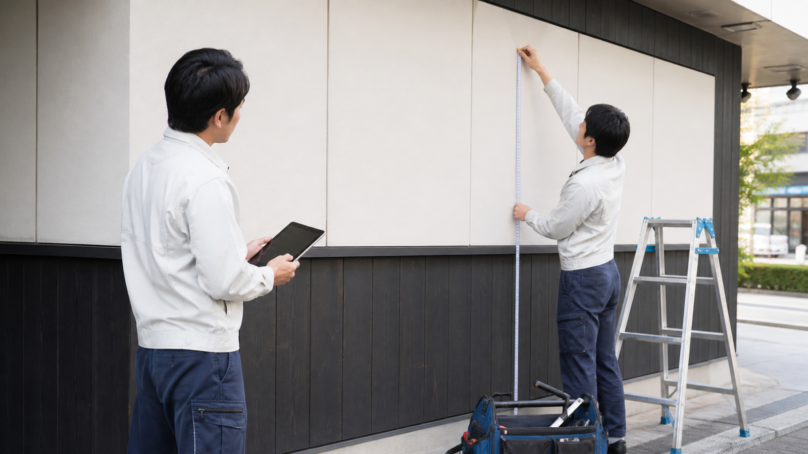 店舗の外壁で看板の設置場所を現地調査するスタッフ