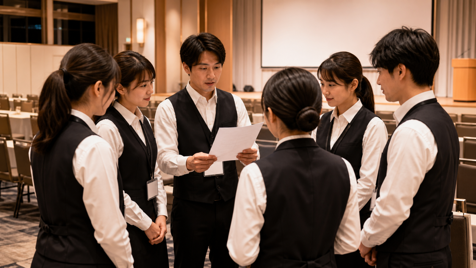 開場前に打ち合わせをするイベントスタッフ