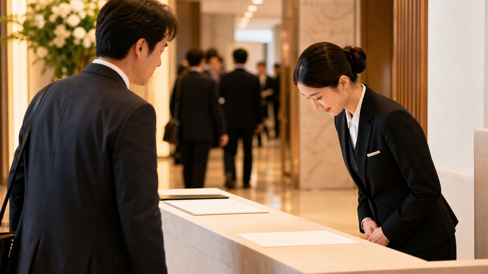 イベント受付で来場者を迎えるスタッフ