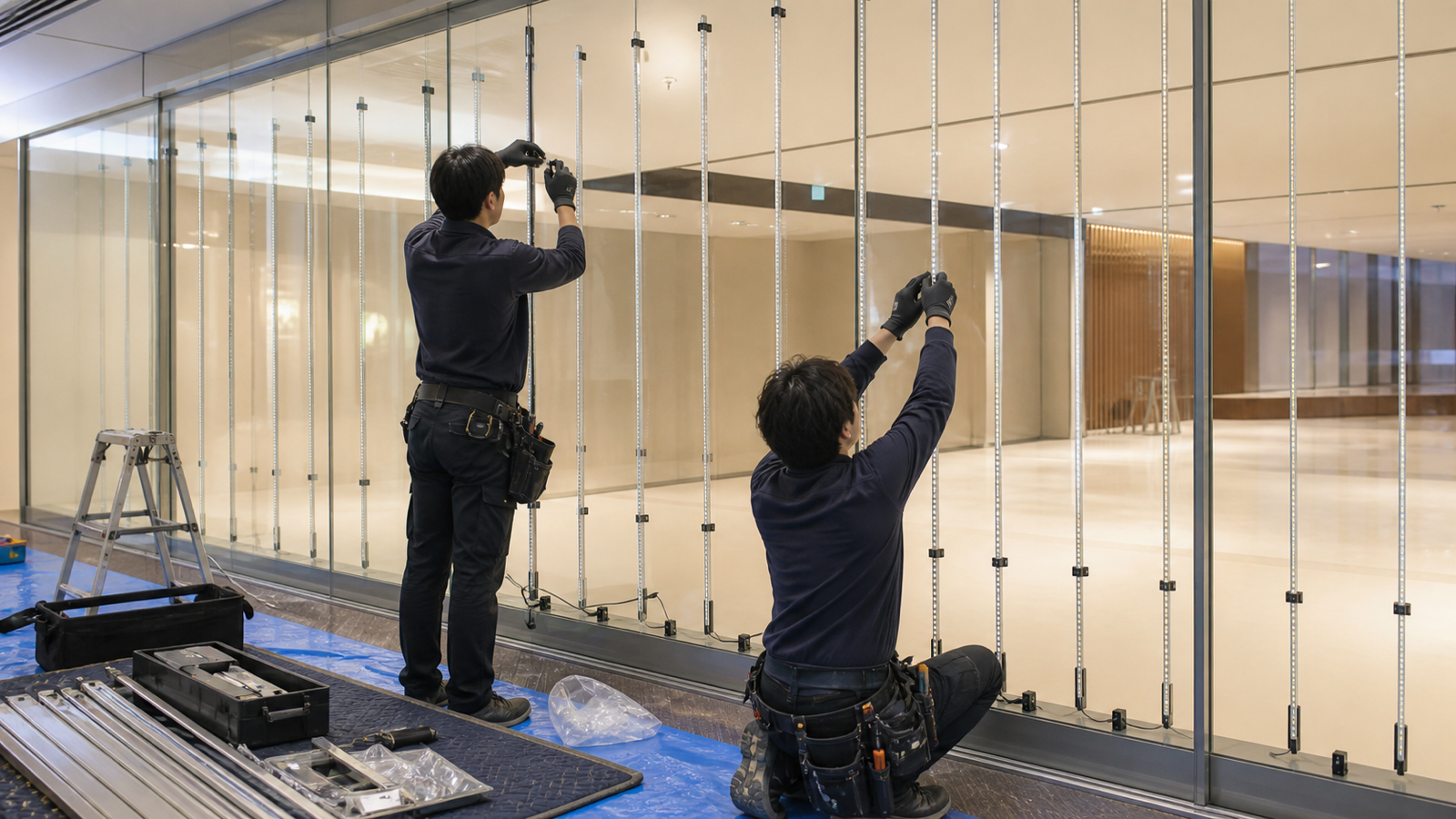 透過型LEDパネルの設置作業