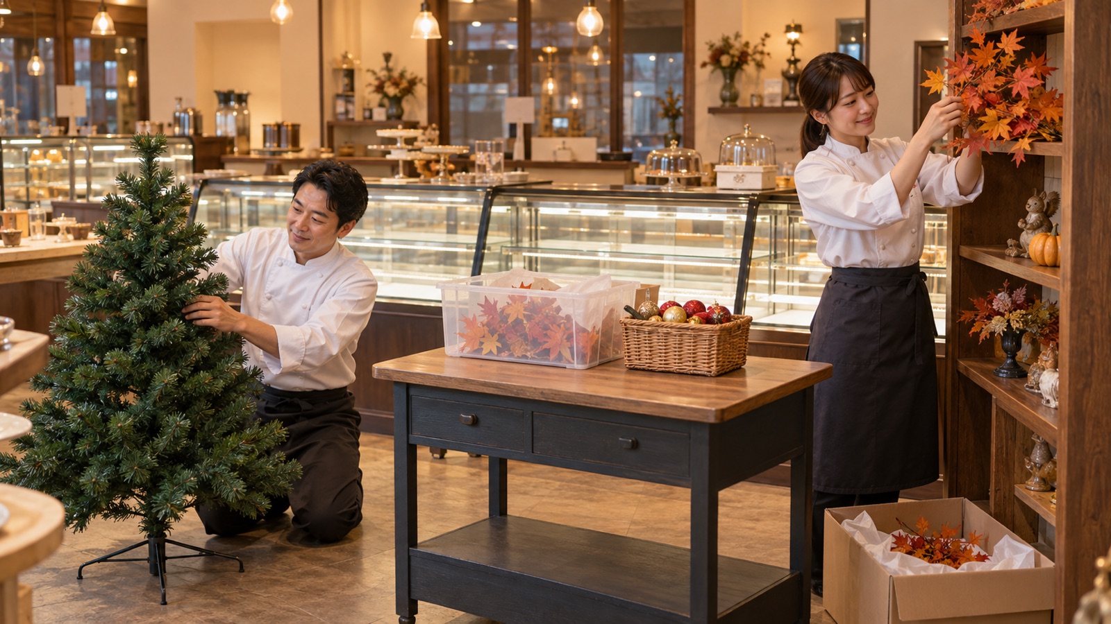 閉店後の洋菓子店で、秋の紅葉の飾りを箱にしまいながら、クリスマスツリーを組み立てている店員と店長