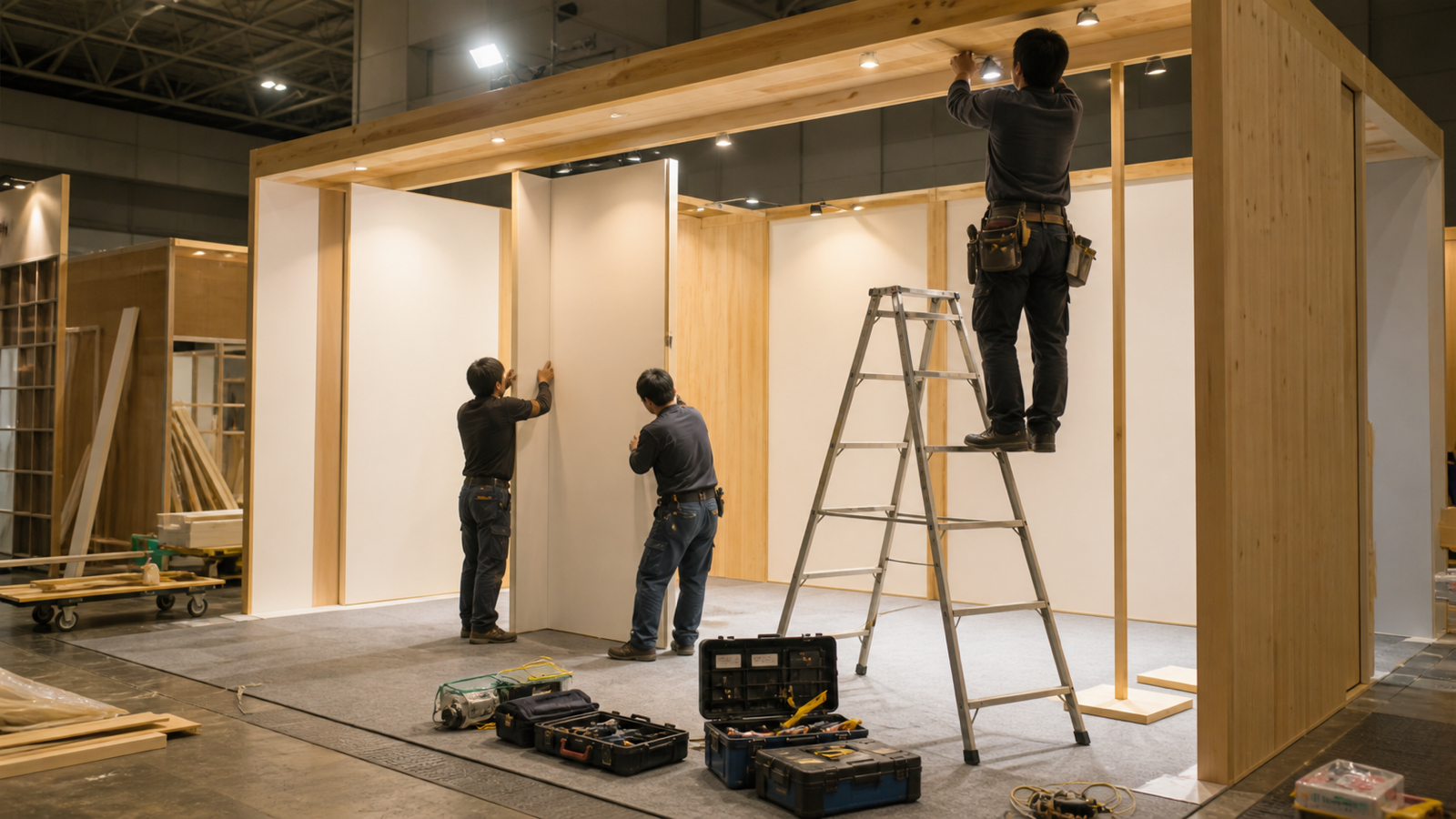 展示会ブースの造作壁を組み立てる施工スタッフ