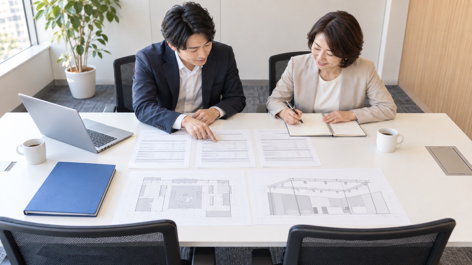 会議室のテーブルに広げた3通の見積書とブースの図面を比べている出展担当者