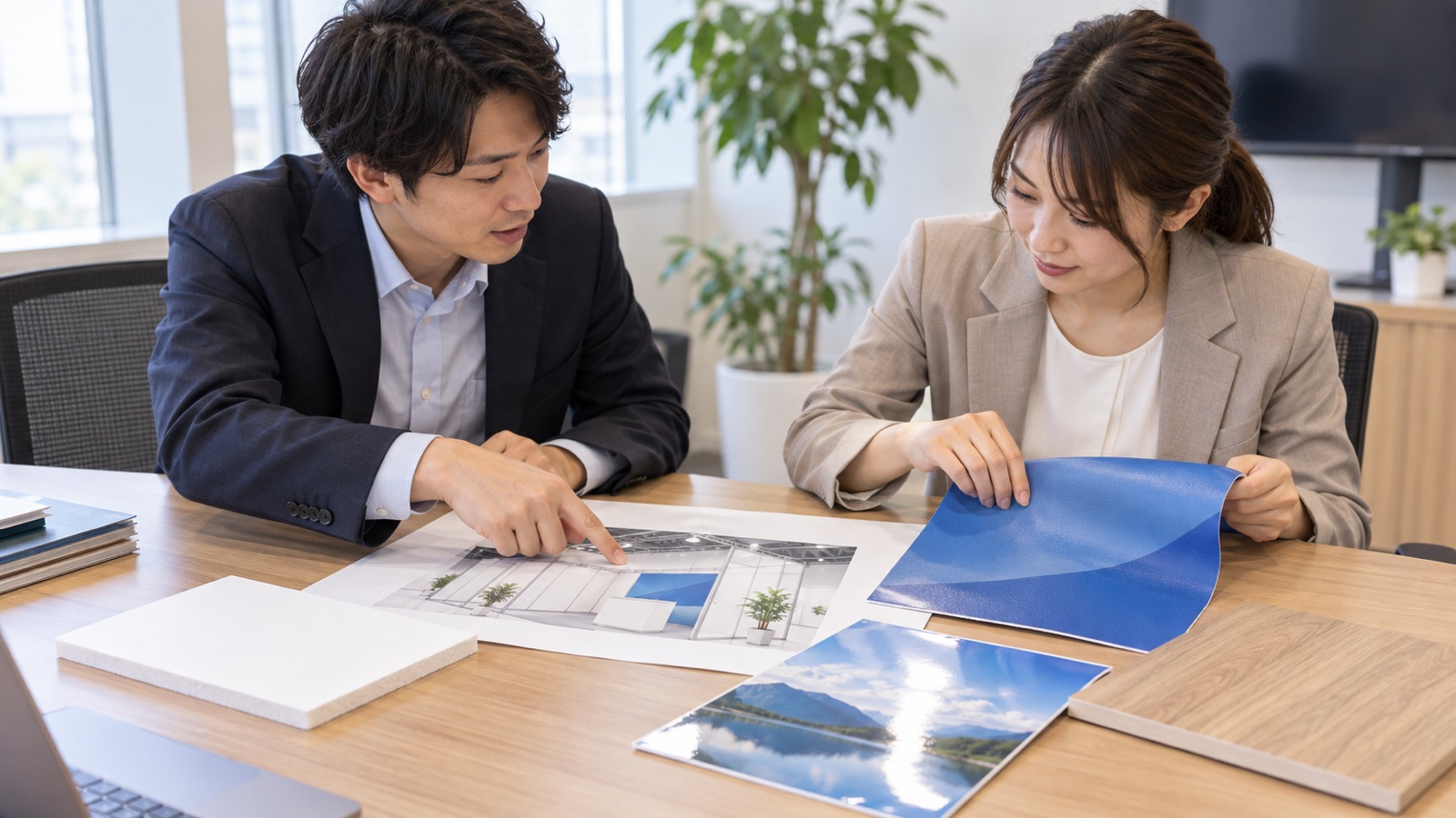 壁面に使う素材の見本を見比べる担当者