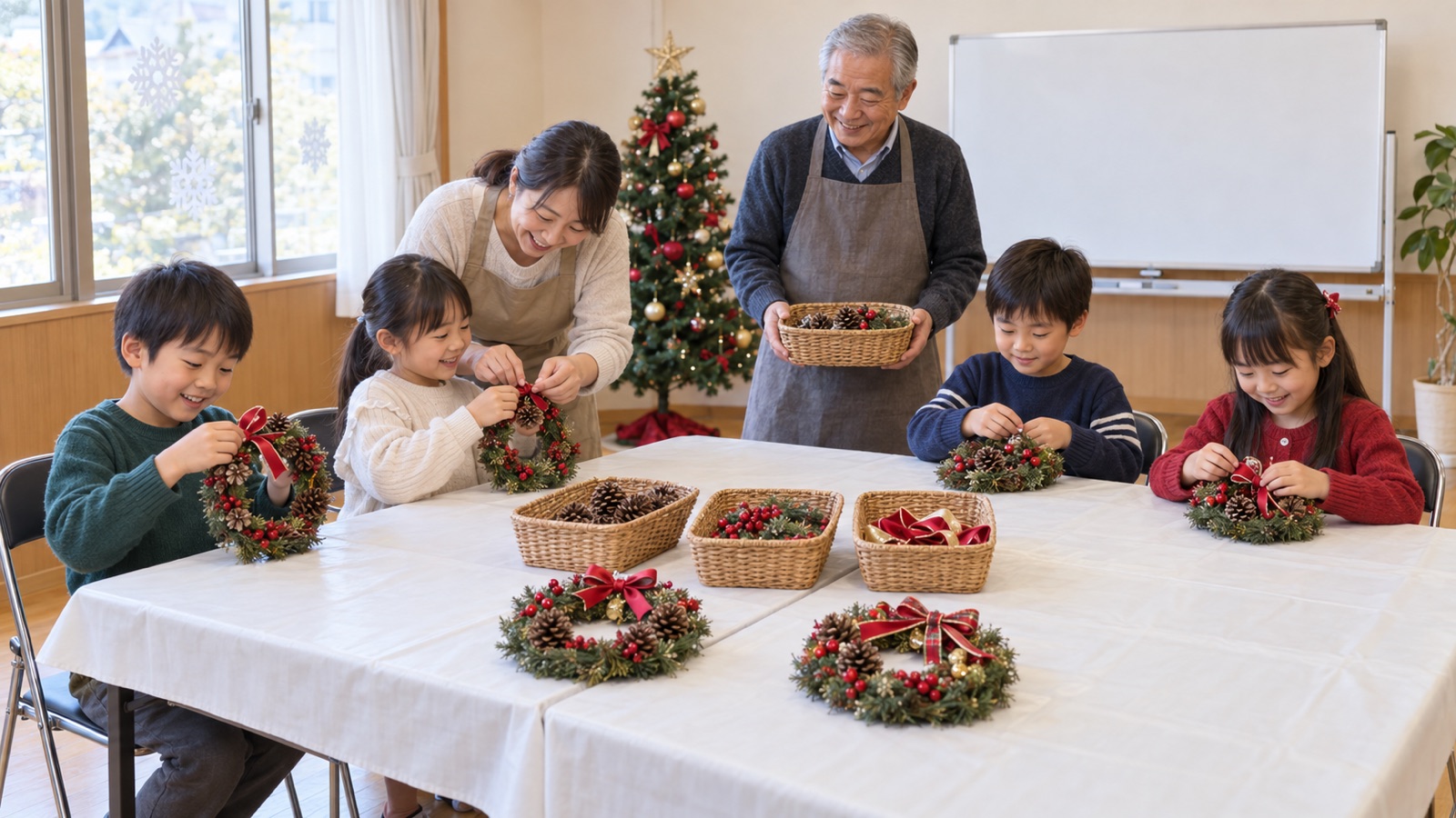 地域の集会所で子ども会のクリスマス会を開き、子どもたちがクリスマスリースを作っている様子