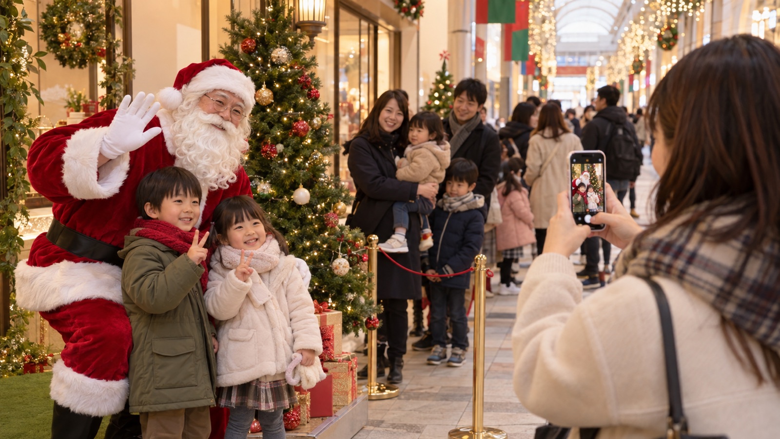 商店街のツリーの前でサンタと並ぶ子どもをスマートフォンで撮影する母親