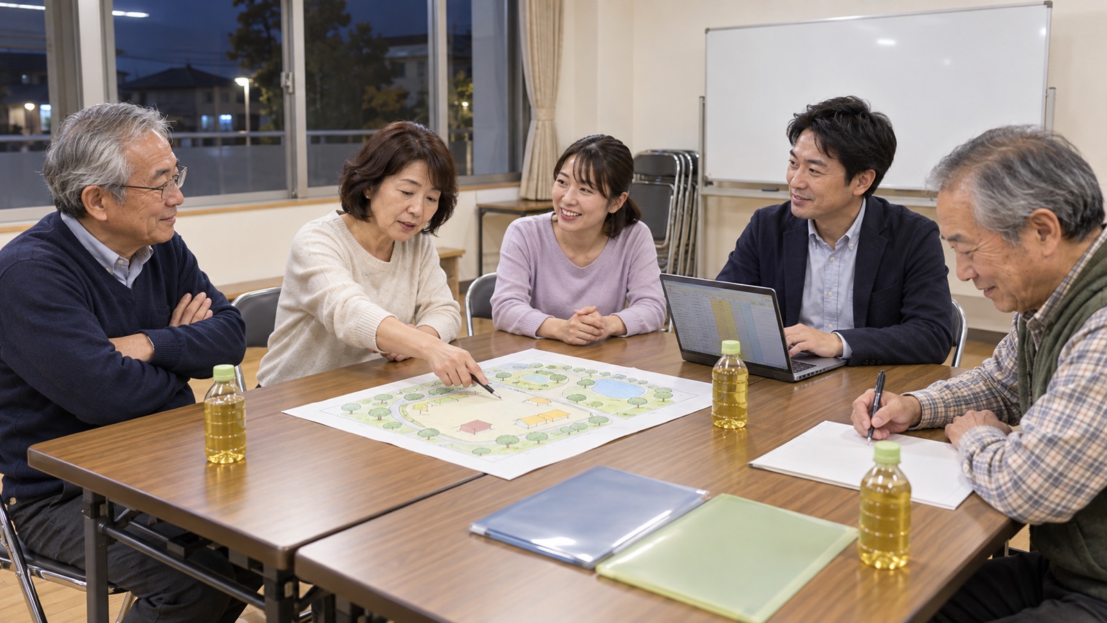 集会所で自治会の役員5人が、公園の見取り図を机に広げてテントや受付の位置を打ち合わせている様子