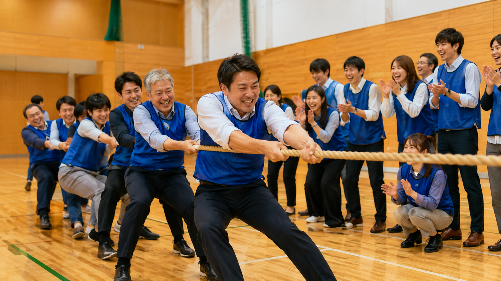 社内運動会で綱引きをする参加者たち