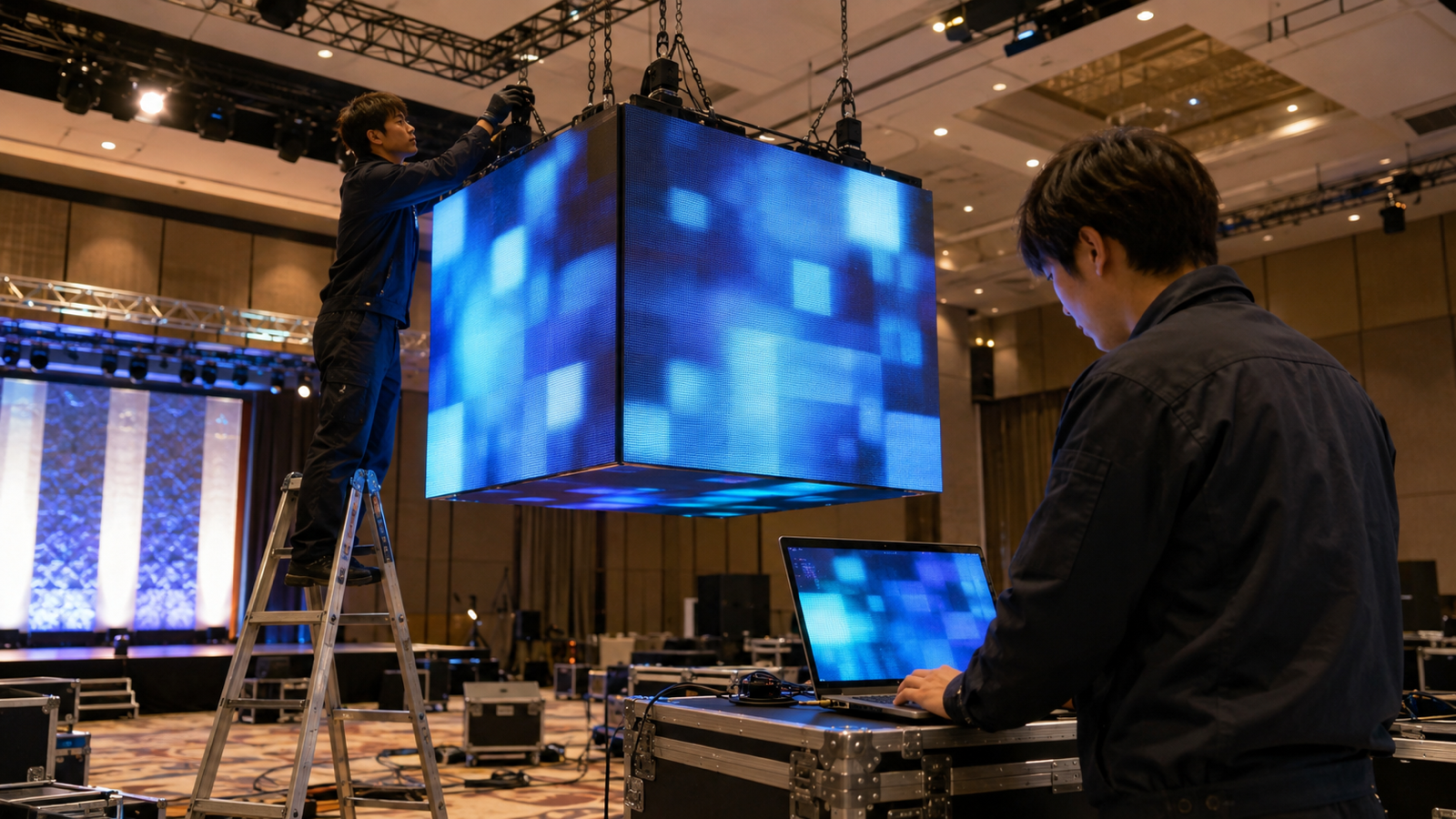 キューブ型LEDサイネージを吊り下げ設置する作業の様子
