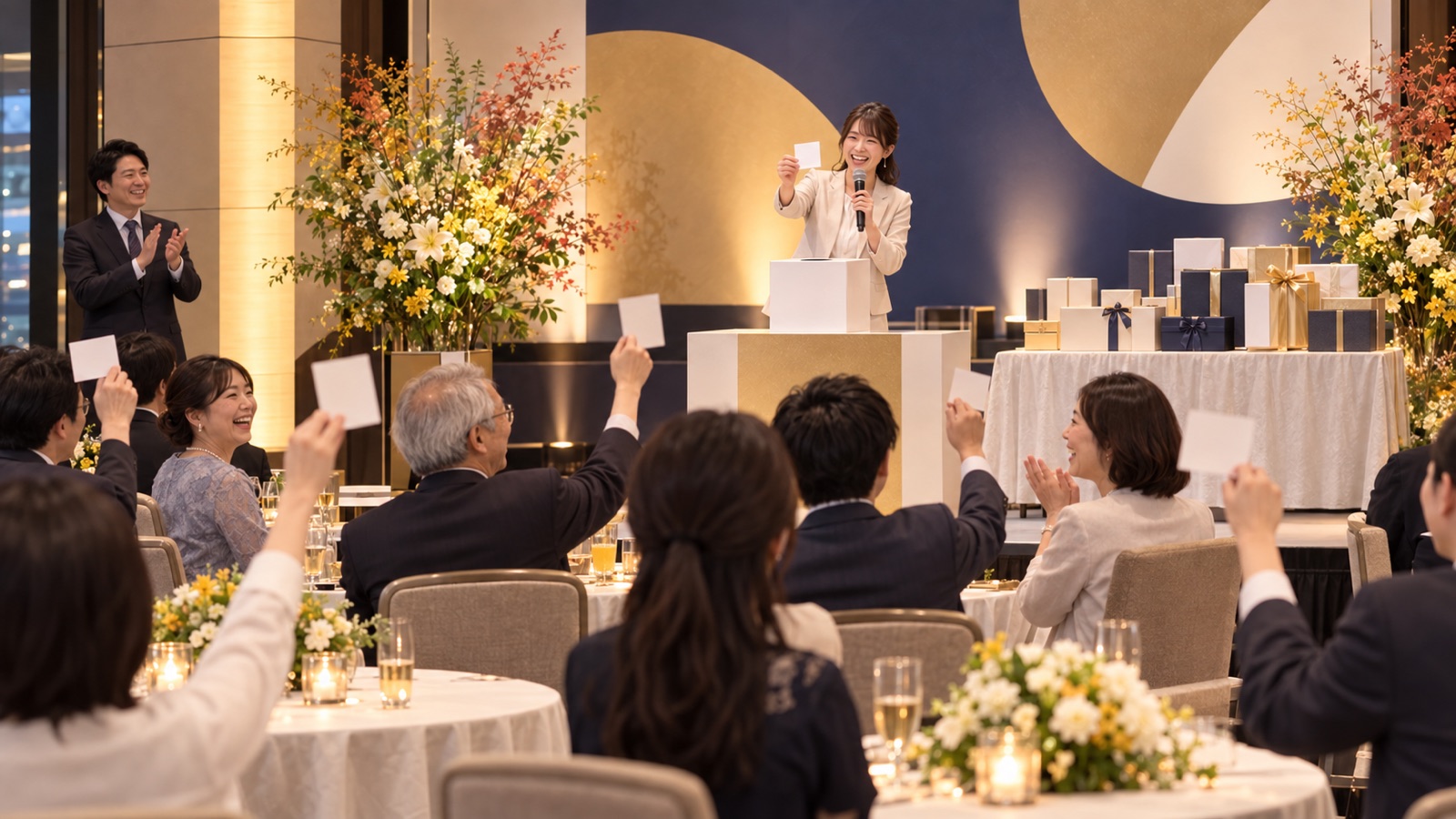 感謝祭の抽選会で番号を読み上げる司会者と来場者