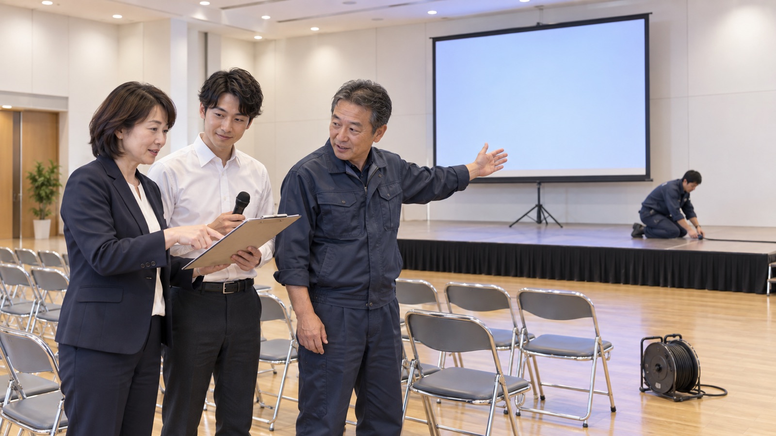 入社式の前日、会議室で総務・人事の担当者と施工スタッフが進行表を見ながらステージと映像を確認している様子