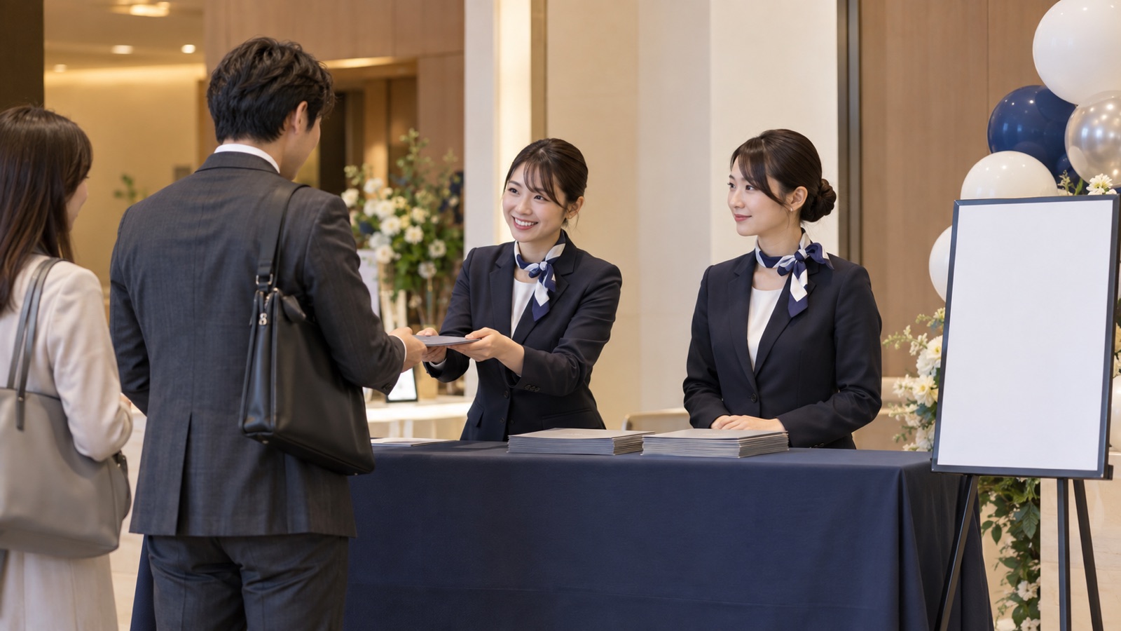 受付カウンターで来場者を案内するスタッフ
