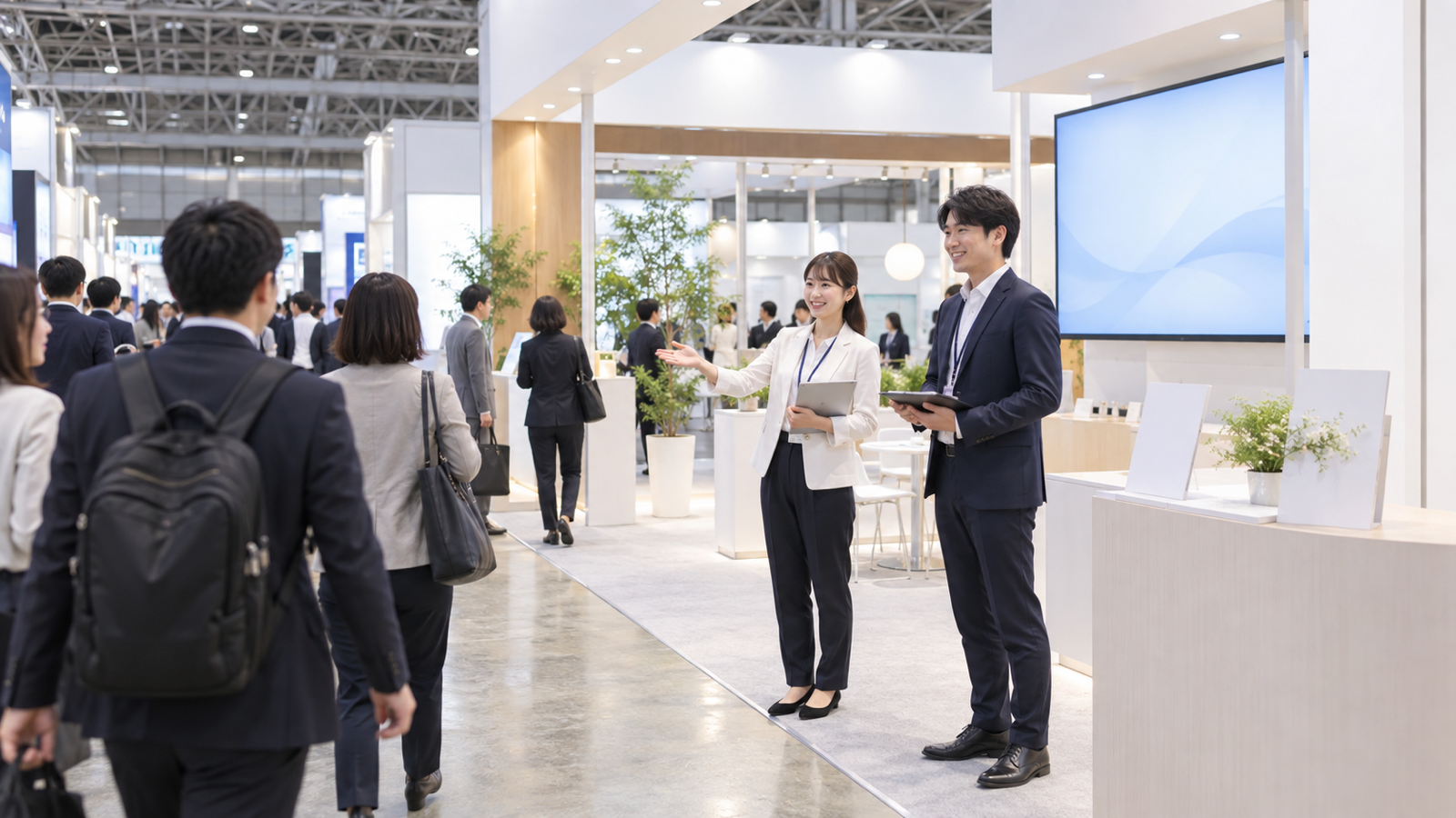 通路を歩く人の進行方向の数歩手前に立ち、手で店頭の商品へ視線を渡す呼び込みの立ち位置を示した図