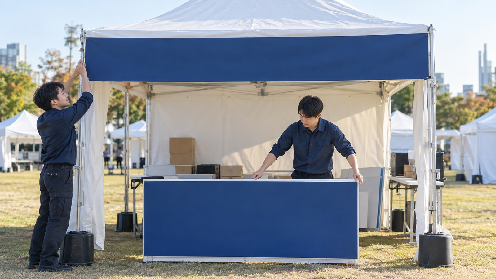 屋外イベント会場のテント型ブースで、上部の横長バナーとカウンター正面のグラフィックを確認する設営スタッフ
