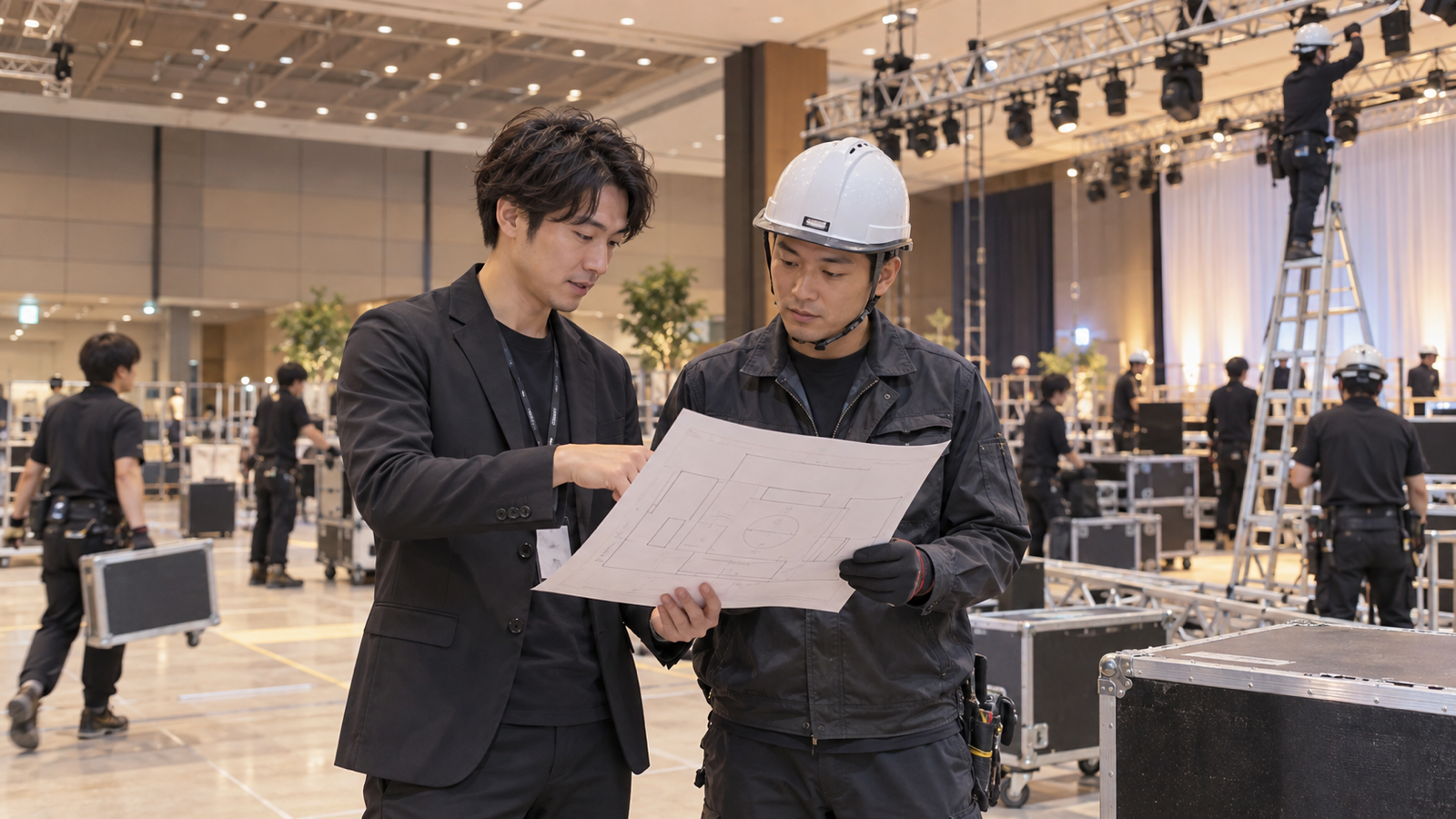 設営現場で図面を見ながら段取りを確認するディレクターと施工スタッフ