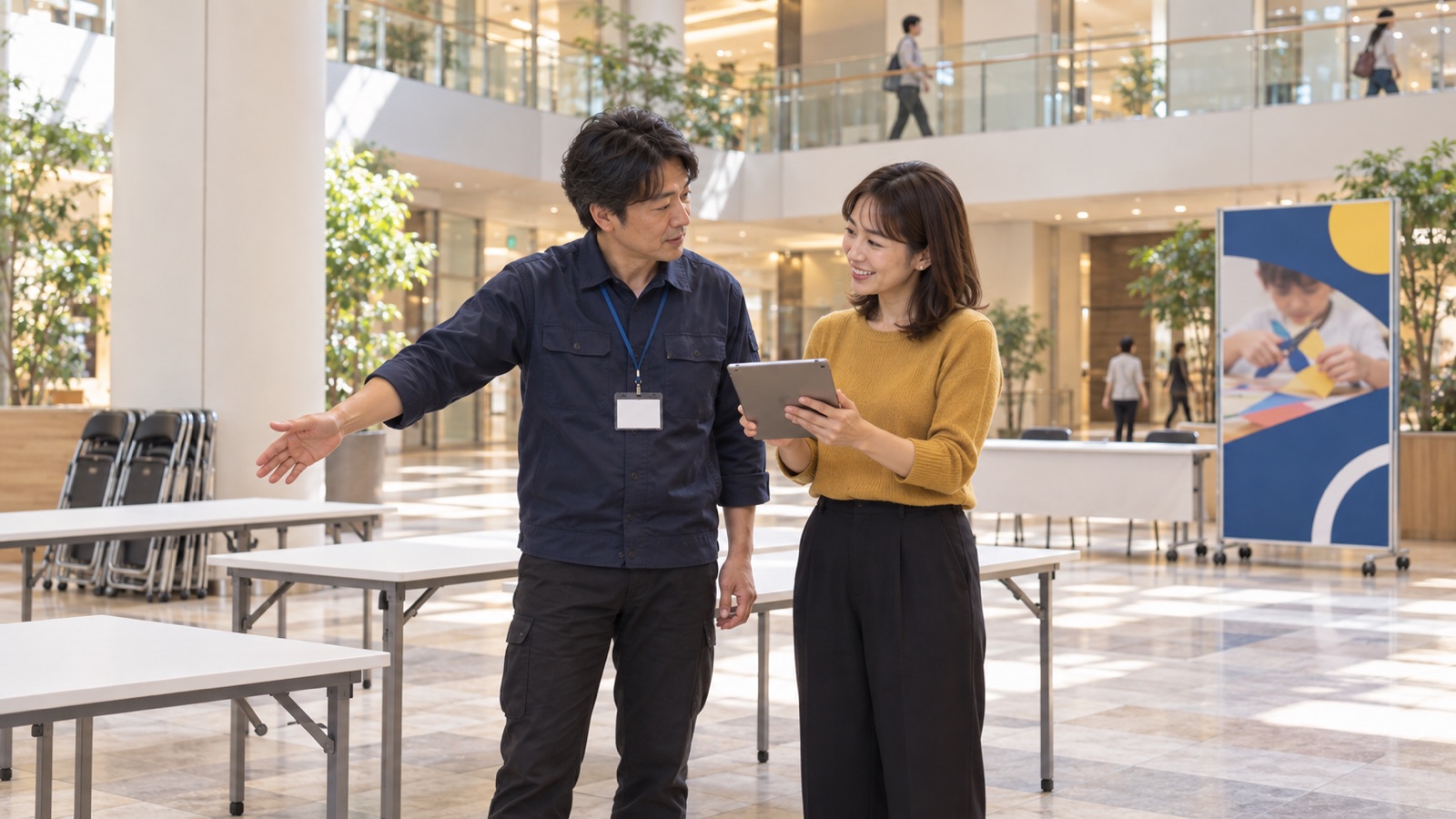 商業施設の吹き抜けの広場で、イベントの主催者がタブレットで申込人数の一覧を見せ、会場づくりのスタッフが長机の並べ方を手で示しながら打ち合わせている様子