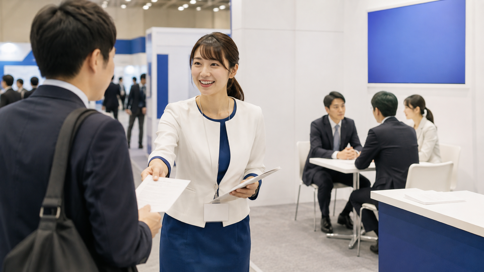 展示会ブースでの役割分担のイメージ。呼び込みが足を止め、説明は社員へつなぐ