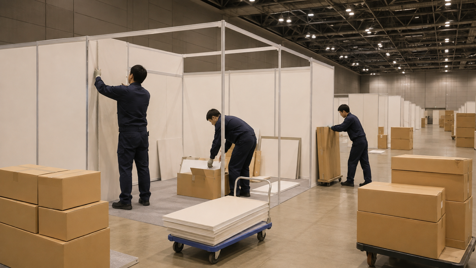 展示会の設営日にブースで作業をするスタッフ