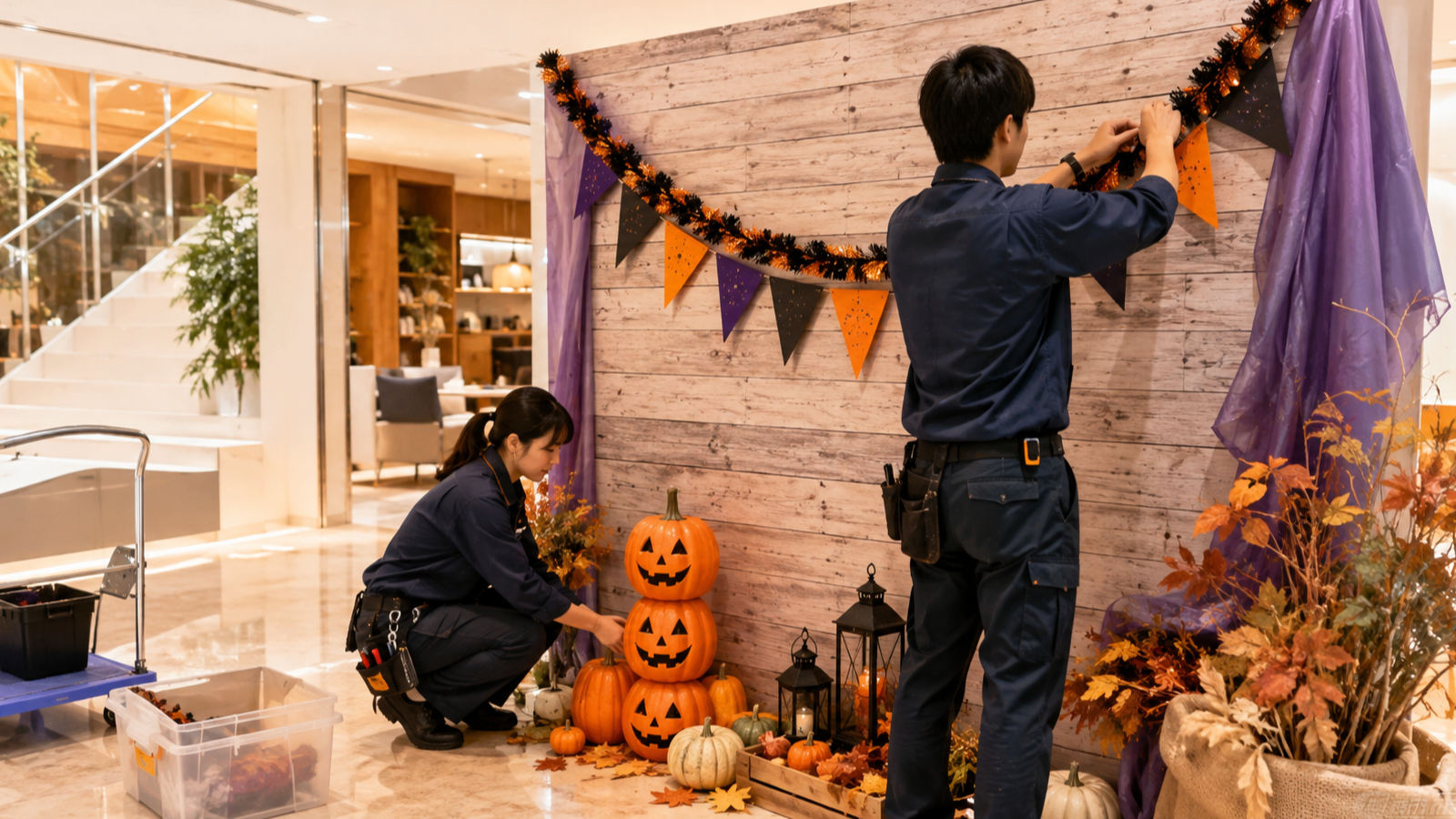 ハロウィンのフォトスポットを設営しているスタッフ
