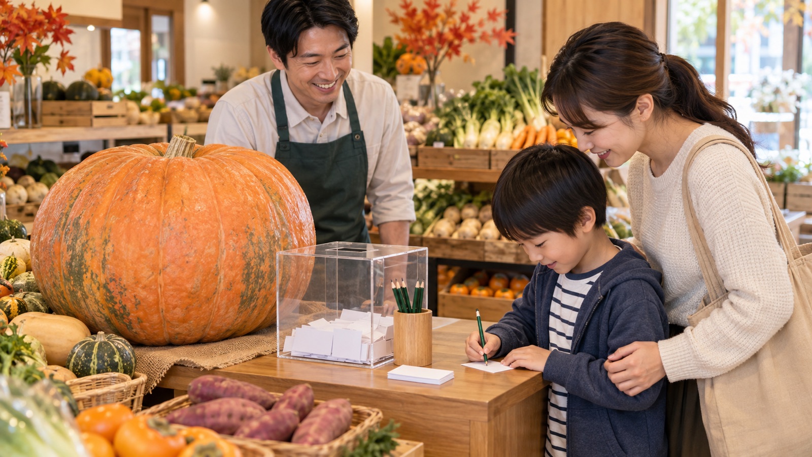 かぼちゃの重さ当てクイズに応募する親子と店員