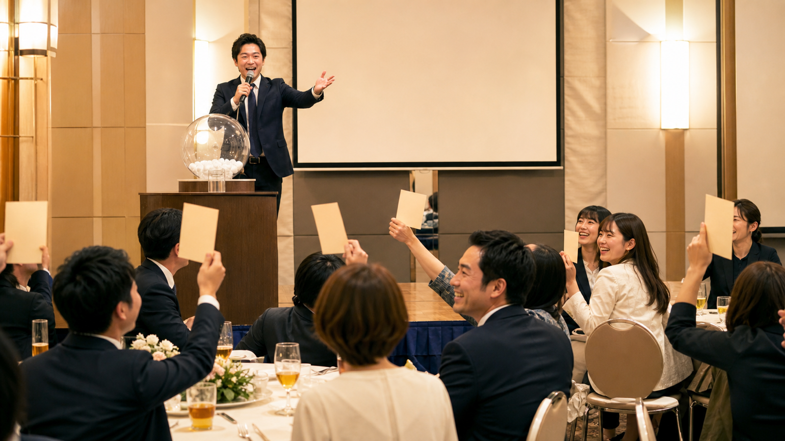 懇親会のビンゴ大会で景品を紹介する司会者