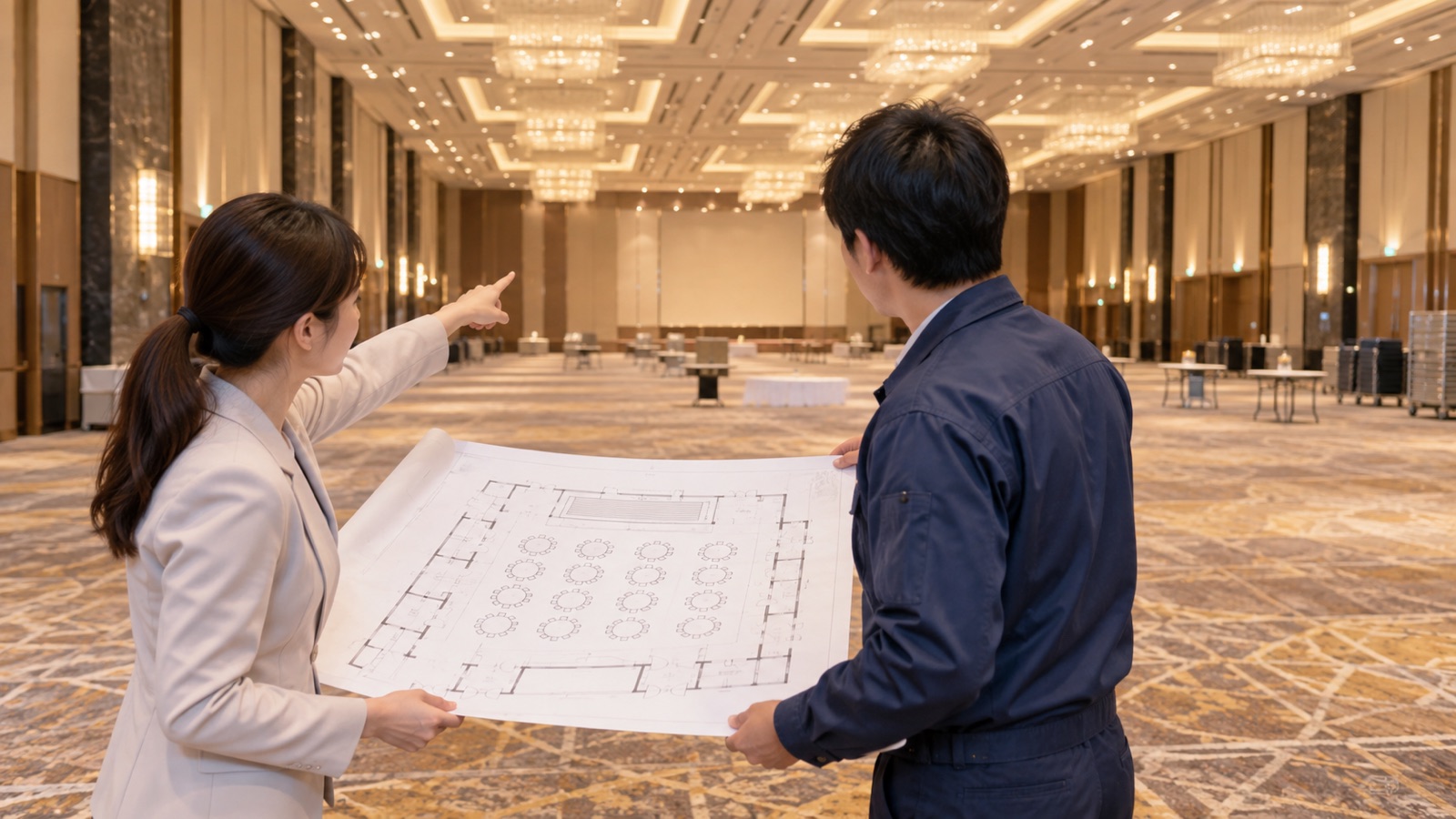 大宴会場で図面を見ながら動線を確認する担当者とスタッフ